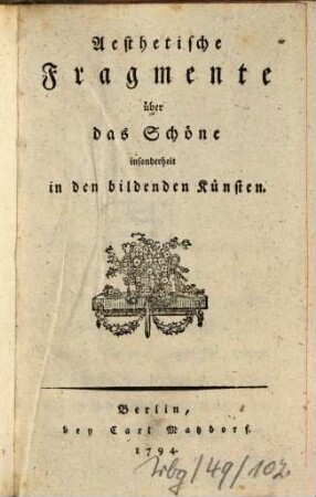 Aesthetische Fragmente über das Schöne : insonderheit in den bildenden Künsten