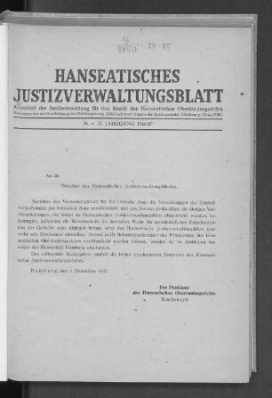 24.1946: Hanseatisches Justizverwaltungsblatt : Amtsblatt d. Justizverwaltung für d. Bezirk d. Hanseatischen Oberlandesgerichts