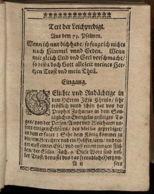 Text der Leichpredigt. Aus dem 73. Psalmen. Eingang; Auslegung.