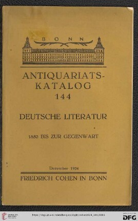 Nr. 144: Antiquariatskatalog / Friedrich Cohen, Buchhandlung und Antiquariat