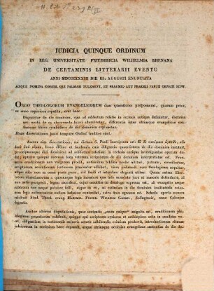 Iudicia quinque ordinum Universitatis Fridericiae Guilelmiae Rhenanae de litterarum certaminibus anni ... facta novaeque quaestiones anno ... propositae. 1833