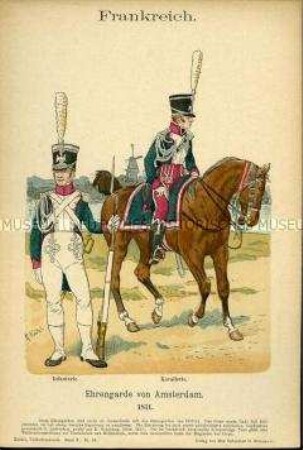 Uniformdarstellung, Infanteristen und Kavalleristen der Ehrengarde von Amsterdam, Erstes Kaiserreich Frankreich, 1811.