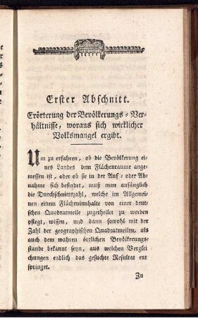Erster Abschnitt. Erörterung der Bevölkerungs-Verhältnisse, woraus sich wirklicher Volksmangel ergibt