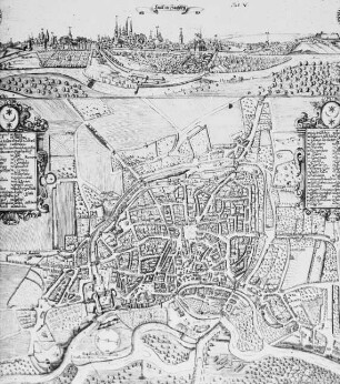 Halle (Saale), Stadtplan, aus Dreyhaupt, Johann Christoph von, Pagus Neletici et Nudzici, ...Halle 1749/50; Radierer: Johann Wisthof; Plan von Ratsmeister Johann Kost und Bibliothekar Nikolaus Keyser