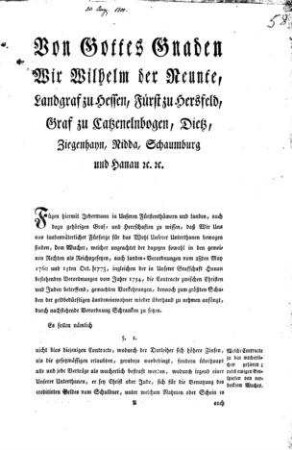 [Zusätze u. Verbesserungen z. Judenordnung v. Jahre 1749 ... welche Contracte zu den wucherlichen gehören ...] / Wilhelm der Neunte, Landgraf zu Hessen ... so geschehen Wilhelmshöhe den 20ten August 1800