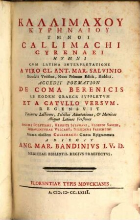 Kallimachu Kyrenaiu Hymnoi : = Callimachi Cyrenaei Hymni