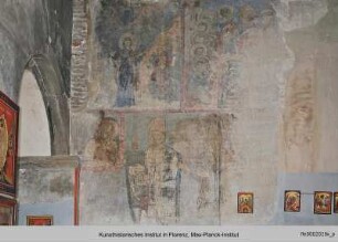 Christologischer Zyklus, die Königliche Familie vor dem heiligen Georg : Stifterfiguren vor Madonna mit Kind, weibliche Heilige mit Engeln, Pfingsten