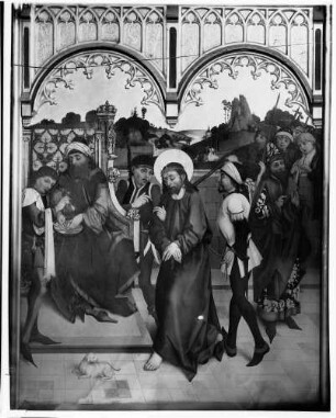 Tiefenbronn Katholische Kirche Sankt Maria Magdalena Hochaltar (1469) von Hans Schüchlin Schrein geschlossen - Darstellung Christus vor Pilatus