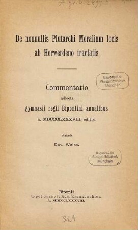 De nonnullis Plutarchi moralium locis ab Herwerdeno tractatis