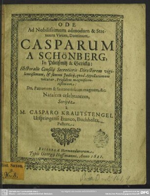 Ode ad ... Casparum a Schönberg ... natalem celebrantem ...
