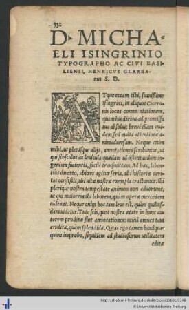 D. Michaeli Isingrinio Typographo Ac Civi Basiliensi, Henricvs Glareanus.