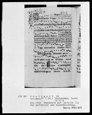 Antiphonarium (Benediktinerhandschrift) — Initiale I(n tua patientia), Folio 216verso