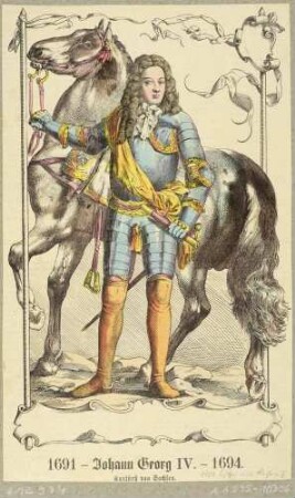 Bildnis Johann Georg IV., Kurfürst von Sachsen, Ganzfigur, stehend, ein Pferd am Zügel haltend