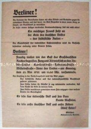 Flugblatt mit dem Aufruf zur Begrüßung des italienischen Außenministers bei seinem Besuch in Berlin