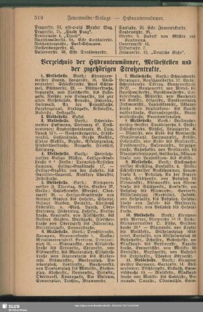 Verzeichnis der Hydrantenmänner, Meldestellen und der zugehörigen Straßentrakte