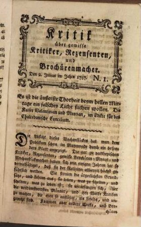 Kritik über gewisse Kritiker, Rezensenten und Broschürenmacher. 1 = Jg. 1/2. 1787/88