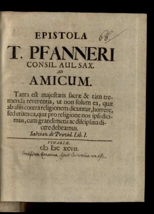 Epistola T. Pfanneri ... ad amicum : [Pontificem Roman. caput ecclesiae non esse]