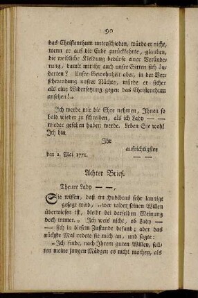 Achter Brief. [Noch Fortsetzung. Die ausschweifende Lebensart unsrer Zeit von der Dame anerkannt. Rede, der Zeit, in einem Tanzsaal, in den Mund gelegt]