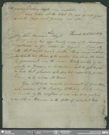 Eigenh. Brief von John Malcolm an August Wilhelm von Schlegel, Poonah, 30.07.1829