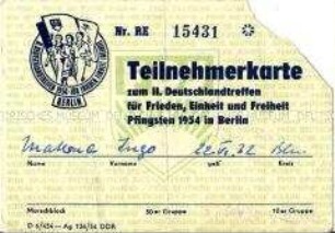 Teilnehmerkarte für das 2. Deutschlandtreffen der Jugend 1954