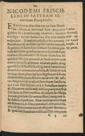 Nicodemi Frischlini In Satyram Secundam Paraphrasis.