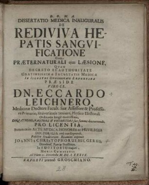 Dissertatio Medica Inauguralis De Rediviva Hepatis Sanguificatione Cum Praeternaturali eius Laesione