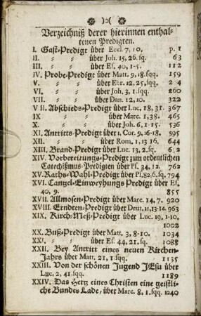 Verzeichniß derer hierinnen enthaltenen Predigten