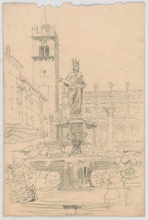 Bauernfeind, Gustav; Italien; Österreich; Schweiz; Studien- und Reiseskizzen - Stadtbild mit Brunnen (Ansicht)