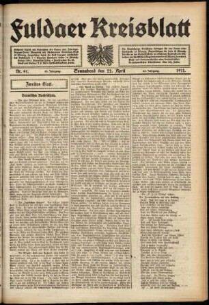 Zweite Ausgabe vom Samstag, den 22. April 1911.