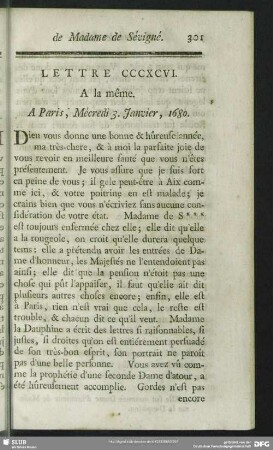 Lettre CCCXCVI. A la même. A Paris, Mécredi 3. Janvier, 1679