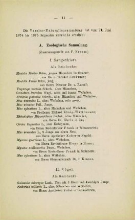 Zuwachs der Vereins-Naturaliensammlung
