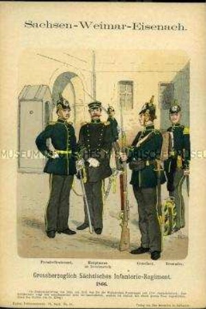Uniformdarstellung, Premierleutnant, Hauptmann, Gemeiner und Tambour der Infanterie, Großherzogtum Sachsen-Weimar-Eisenach, 1866.