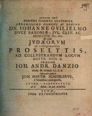 De cura Jvdaeorvm in conqvirendis proselytis : ad collustrandum locum Matth. XXIII. 15.