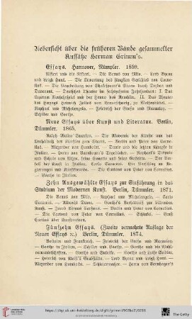 Uebersicht über die früheren Bände gesammelter Aufsätze Herman Grimm's