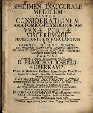 Specimen Inaugurale Medicum Sistens Considerationem Anatomico-Physiologicam Venae Portae Viscerumque Secretioni Bilis Famulantium