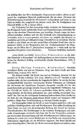 Telemann, Georg Philipp :: Briefwechsel, sämtliche erreichbare Briefe von und an Telemann, hrsg. von Hans Große und Hans Rudolf Jung : Leipzig, 1972