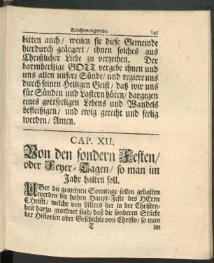 Cap. XII. [i.e. VIII] Von den sondern Festen, oder Feyer-Tagen, so man im Jahr halten soll.