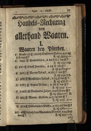 Handels- Rechnung von allerhand Waaren.