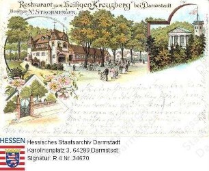 Darmstadt, Restaurant zum Heiligen Kreuzberg bei Darmstadt / Inhaber: N. Strohmenger / Ansicht mit Biergarten und Deatils