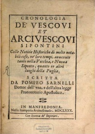 Cronologia de'Vescovi ed Arcivescovi Sipontini