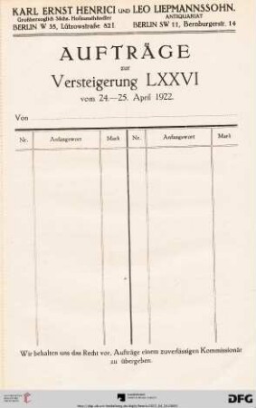Aufträge zur Versteigerung LXXXVI