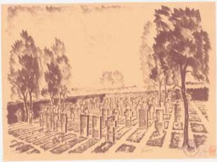 Erweiterung der Friedhöfe, Stolp: (Lichtpause von Inv.-Nr. 41182): Perspektivische Ansicht mit Blick auf ein Gräberfeld mit Grabsteinen; Stempel