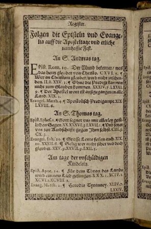 Folgen die Episteln und Evangelia auff die Aposteltage und etliche namhaffte Fest.