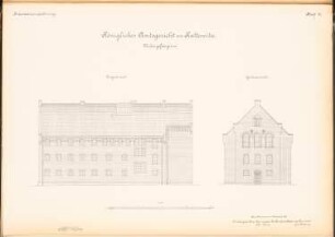 Amtsgerichts- und Gefängnisgebäude, Kattowitz: Frauengefängnis: Längsansicht, Giebelansicht 1:100