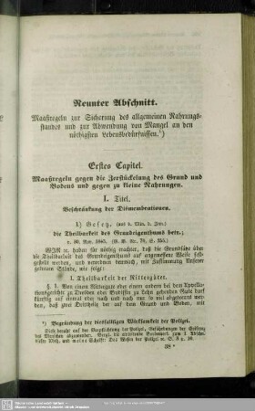 Neunter Abschnitt. Maaßregeln zur Sicherung des allgemeinen Nahrungsstandes und zur Abwendung von Mangel an den nöthigsten Lebensbedürfnissen