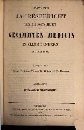 Canstatt's Jahresbericht über die Fortschritte der gesammten Medicin in allen Ländern. 1860 = N.S. 10