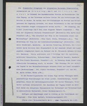 Infoblatt zur Gruppentagung der Frankfurter Ortsgruppe des ADF am 3. und 4. Juni 1913