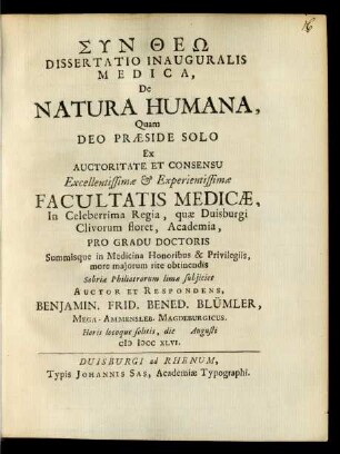 Dissertatio Inauguralis Medica, De Natura Humana