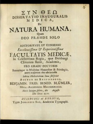 Dissertatio Inauguralis Medica, De Natura Humana