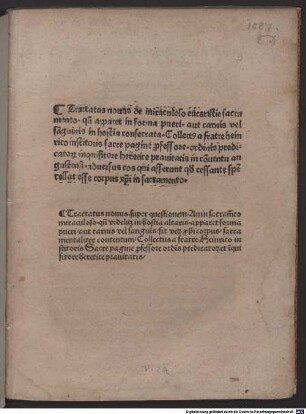 Tractatus novus de miraculoso eucharistiae sacramento : mit Widmungsbrief an Vitus Fackler, Propst des Augsburger Augustinerchorherrenstiftes Hl. Kreuz, Augsburg 5.6.1493